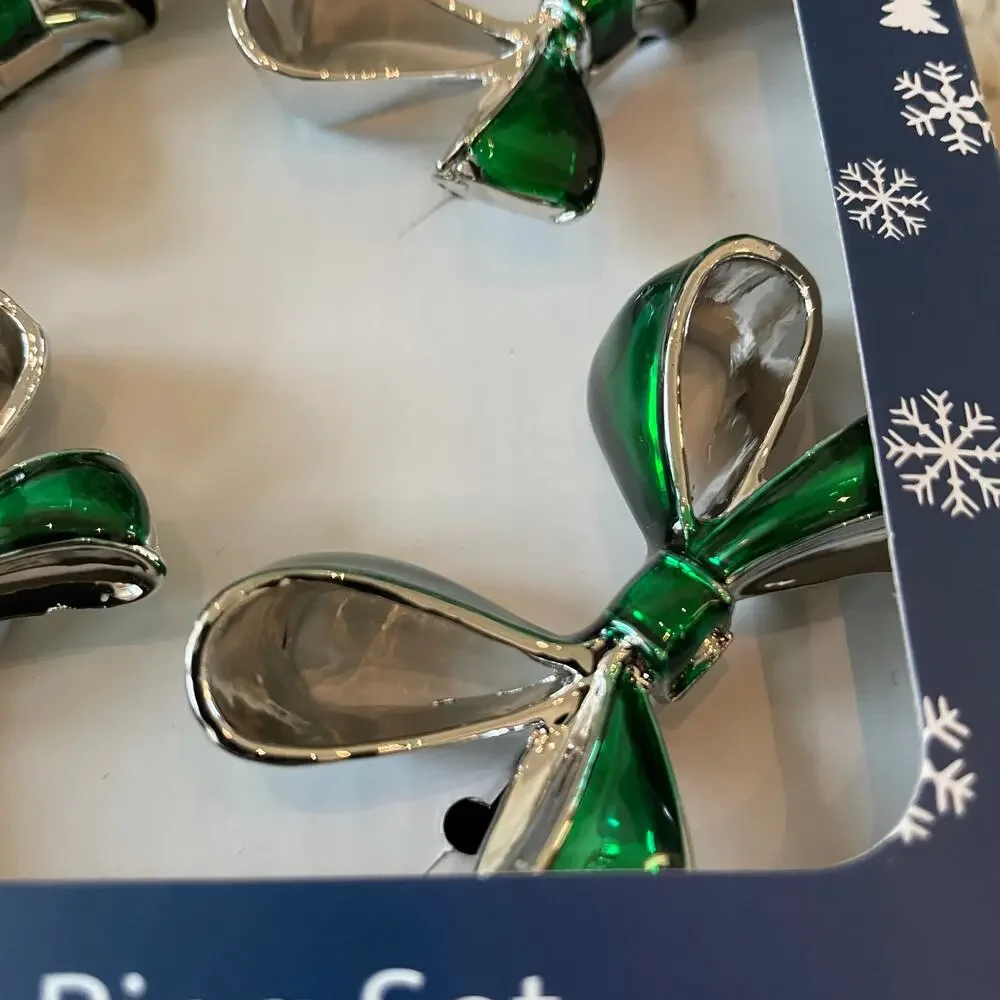 Green Bow Christmas Napkin Rings Set of 4 Silver Holiday Glam Cherish the Season